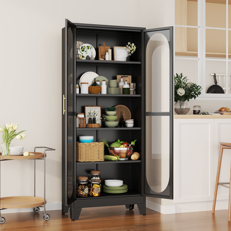 Modern Tall Bathroom Storage Cabinet with Glass Doors and 4 Adjustable Shelves for Kitching and Dining Room, Black