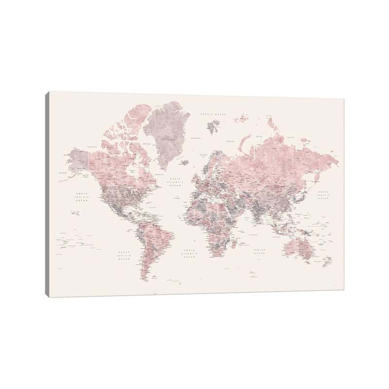 Detailed World Map, Madelia, In Dusty Pink, Grey And Cream by Blursbyai - Gallery-Wrapped Canvas Giclée on Canvas, Canvas