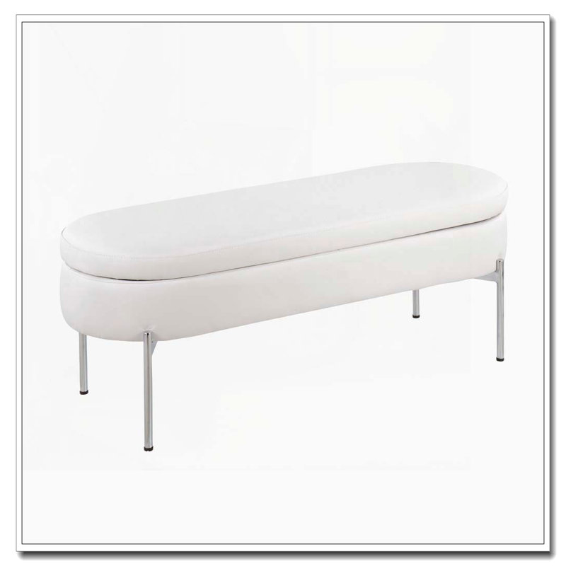 Banc de rangement contemporain avec métal chromé et similicuir blanc, Blanc