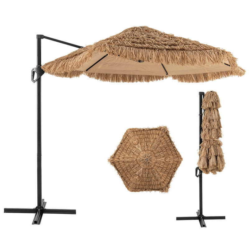 Parasol de patio en porte-à-faux 9,5 pi avec toit ventilé Hula Tiki Thatch 9,5 pi