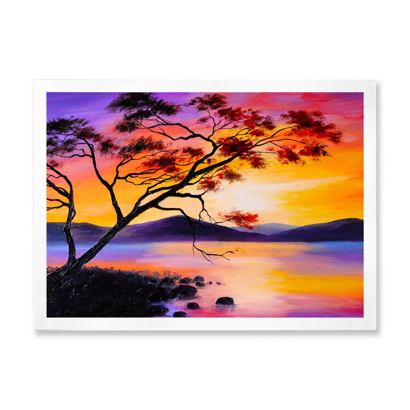 " Colourful Sunset On The Lake ", 8" H x 12" W x 1" D, White Picture Framed Canvas