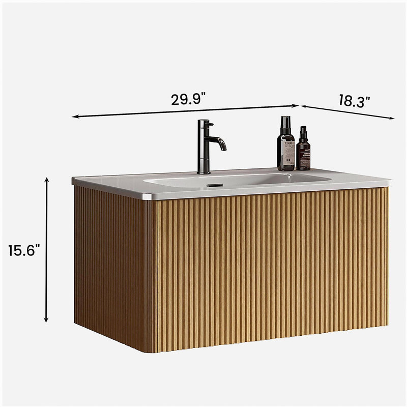 Lavabo de salle de bain en chêne naturel rayé de 30 pouces, avec cuve en céramique blanche, lavabo flottant suspendu pour salle de bain moderne, cuve blanche intégrée sans trou de bonde, pré-assemblé