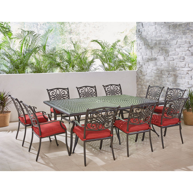 Rhoton 10 - Person Patio Dining Set with Rectangular Table , Cushions Included, Red