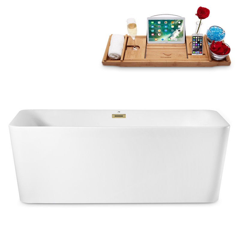 63" Streamline Freestanding Soaking Acrylic Bathtub With Drain and Bamboo Tray, Brushed Brass