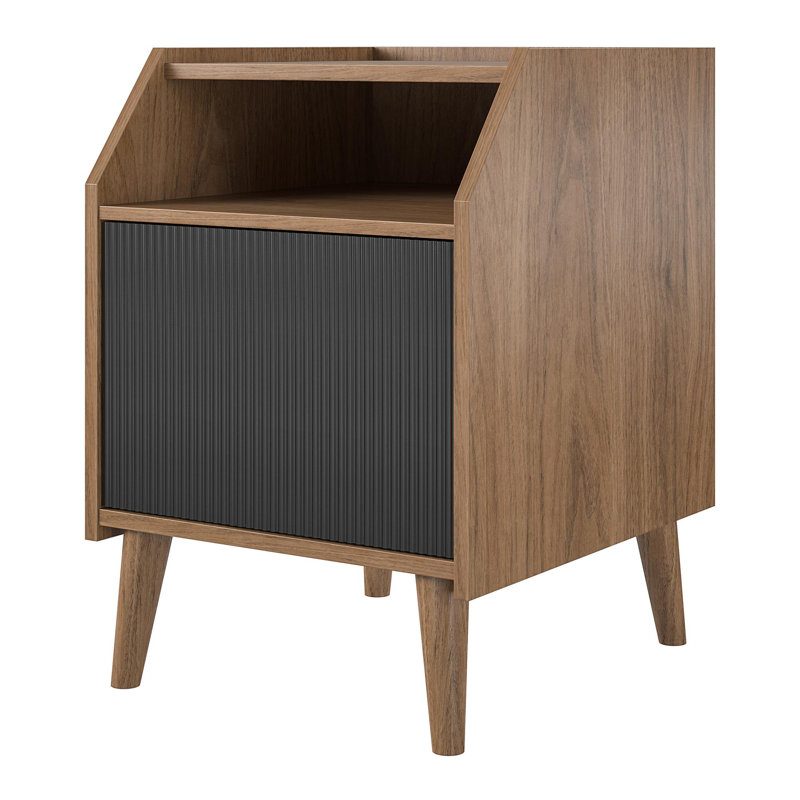 Walnut and Black Engineered Wood Mid-Century Modern End Table