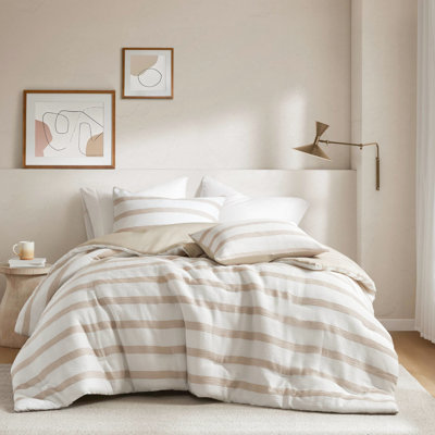 Édredon à 3 rayures pour très grand / très grand lit, rayures tissées durables, design neutre moderne, texture froissée douce, rembourrage respirant et confortable, dossier en microfibre brossée, standard 100, facile