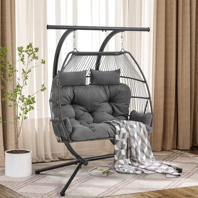 Fauteuil pour 2 personnes avec auvent Bardhyl, balancelle avec support et coussin d'air avec auvent