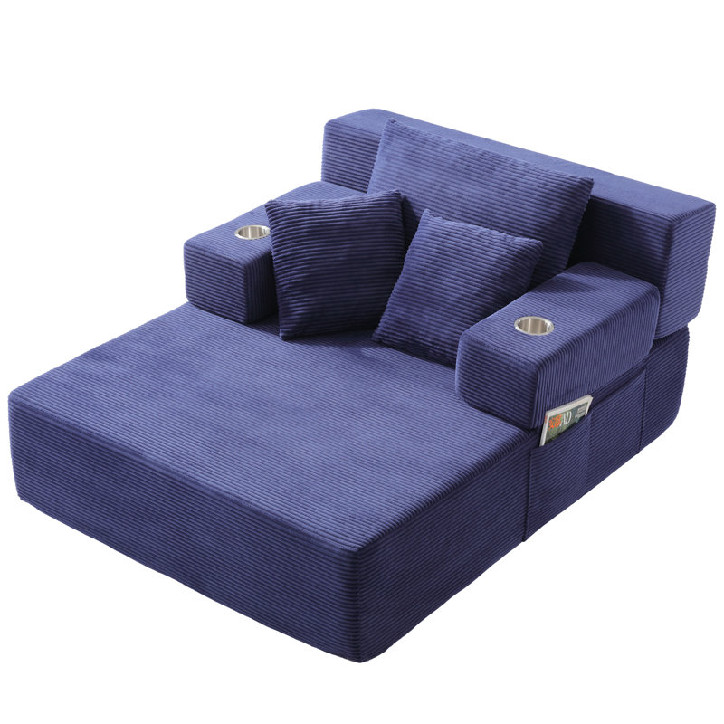 Chaise longue en velours côtelé luxueux avec 3 coussins, Tissu bleu