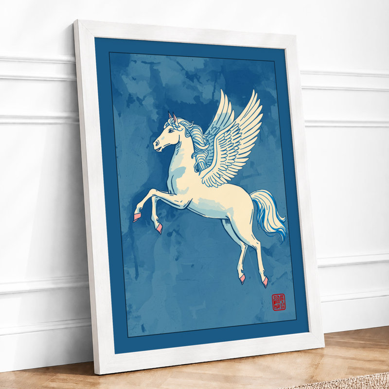 Pegasus in Flight Japandi - Framed Print, A2 - 59.4 x 42.0 cm, White