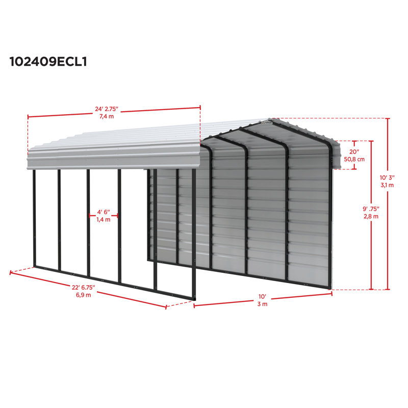 Charcoal 10 x 24 ft. Steel Carport Kit with Enclosure
