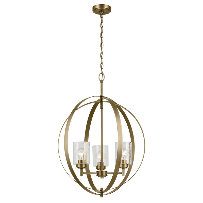 Lustre globe en laiton naturel à 3 lumières Winslow avec abat-jour en verre bullé transparent