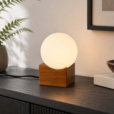 Modern Globe Table Lamp with Rubberwood and Opal Glass Shade
