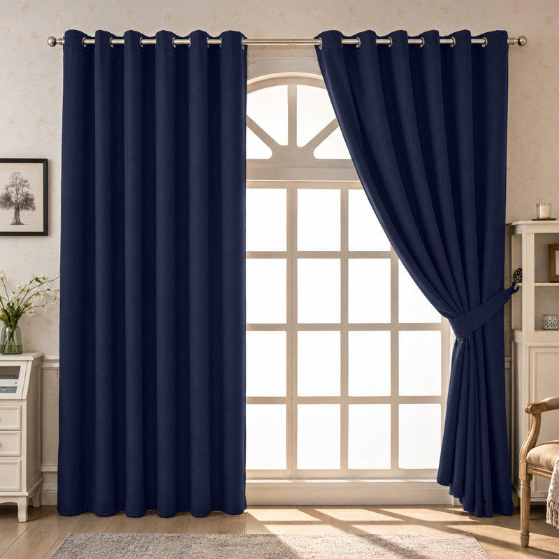 100 % Polyester Blackout Eyelet Room Darkening  Thermal Curtain (Set of 2), 117 cm Width x 137 cm Drop, Navy