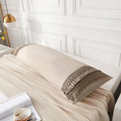 Taupe Body Pillow Cover Macrame Tassel Long Pillow Cover 20x54 Body Pillow Case Cover 100% Soft Washed Microfiber Boho Long Pillow Case with Pocket Closure