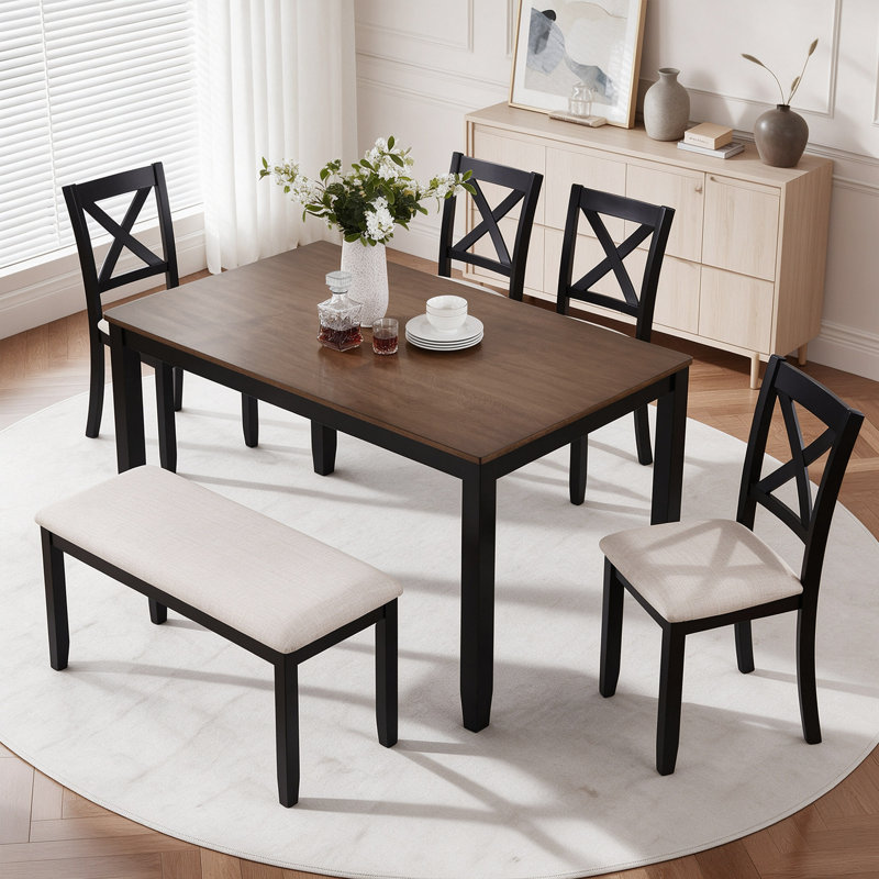 Ensemble de salle à manger rectangulaire de style ferme 6 pièces, table à manger bicolore en bois, 4 chaises noires à dossier en X en tissu et 1 banc rembourré