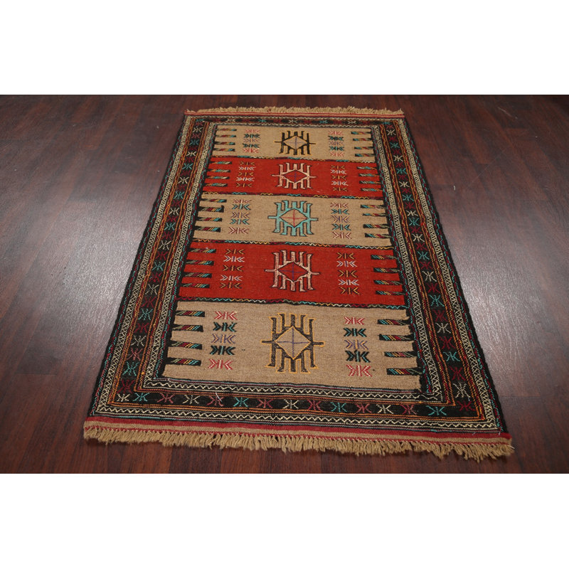 Tapis en laine rouge/beige/noir 3 pi 9 po x 5 pi 8 po one-of-kind à la main-noué la new age