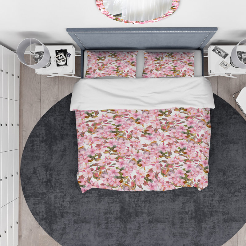 Ensemble de housse de couette designart fleuring, Housse de couette très grand + 2 taies décoratives, Rose / vert