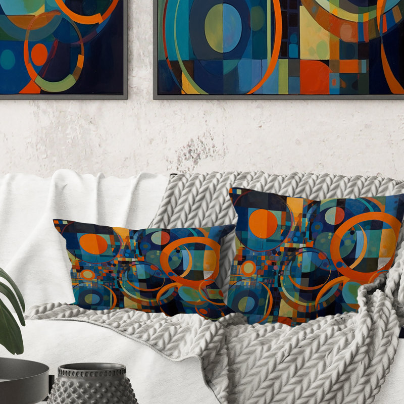 Coussin décoratif orange à motif géométrique bleu II - formes abstraites