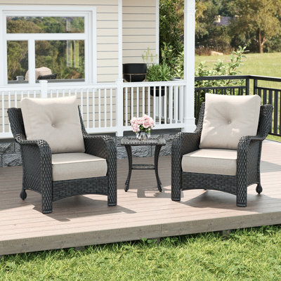  3 Piece Wicker Outdoor Furniture Set with 6-inch Comfy Cushions, High Back Patio Furniture Set with Rattan Armchairs and Side Table