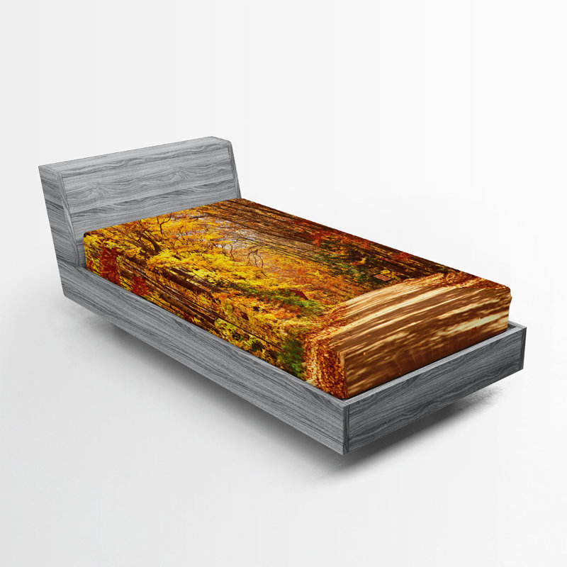 Ensemble de 2 draps-housse Ambesonne Fall Scenic Outdoor Road Redwood Yellow Orange, Twin Fitted Sheet