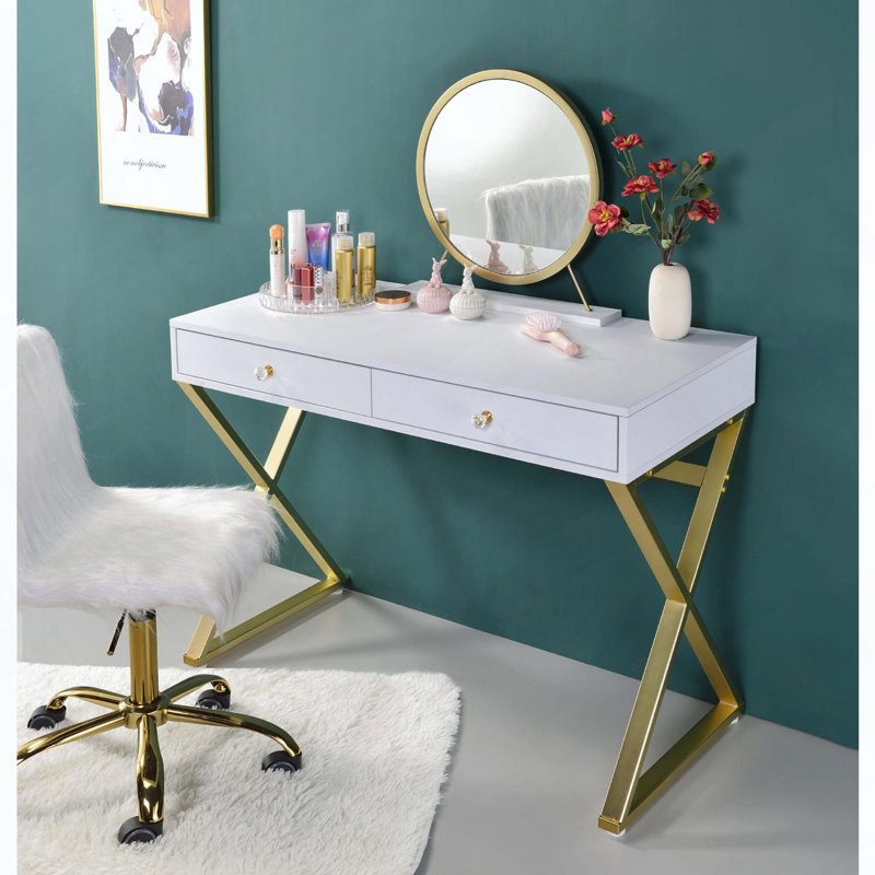 Bureau de coiffeuse rectangulaire avec miroir et plateau à bijoux, blanc et doré