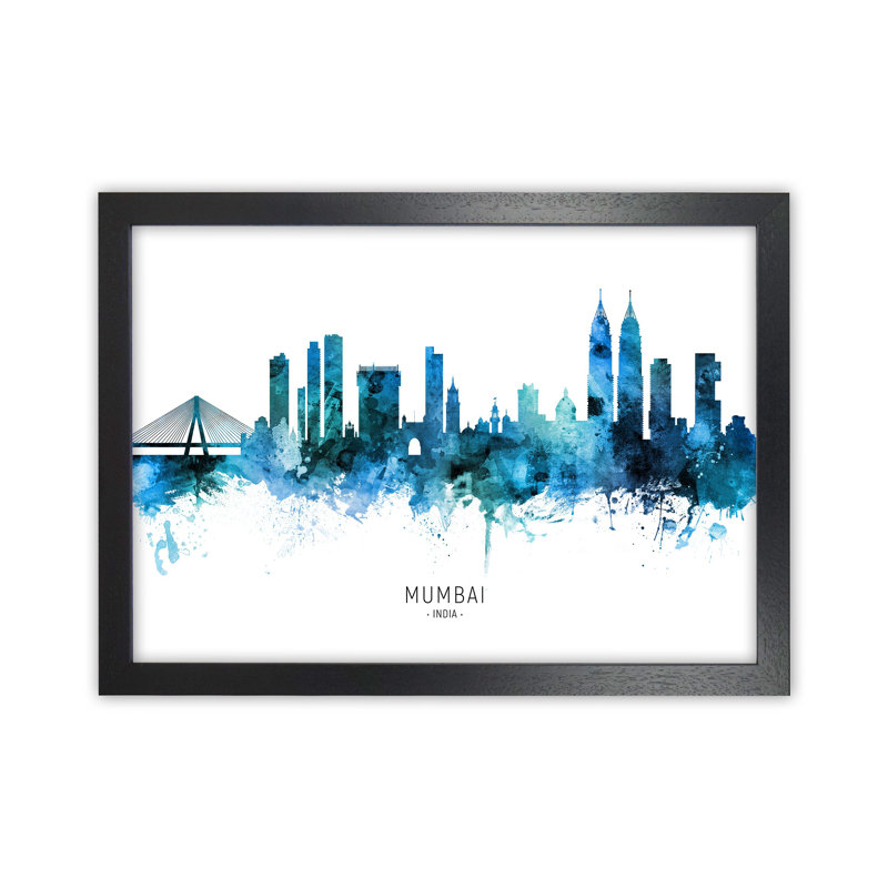 Mumbai India Skyline Blue City Name by Michael Tompsett - Print, 25cm H x 34cm W x 3cm D, Black Framed
