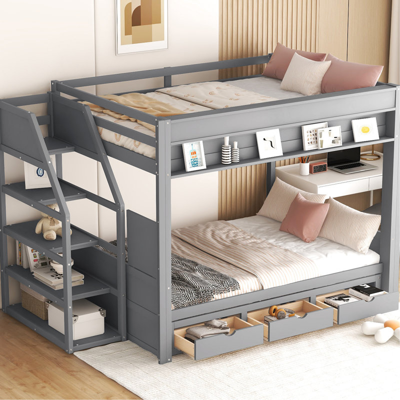 Lit superposé gris avec rangement, 3 tiroirs, escalier et escalier de rangement en bois convertible, table de chevet, Gris