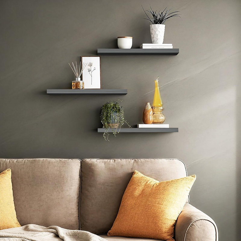 Tablettes flottantes grises pour le mur - Tablettes murales en bois rustique pour salle de bain, chambre à coucher, salon et cuisine, petite tablette suspendue pour livres, rangement et décoration (ensemble de 3)