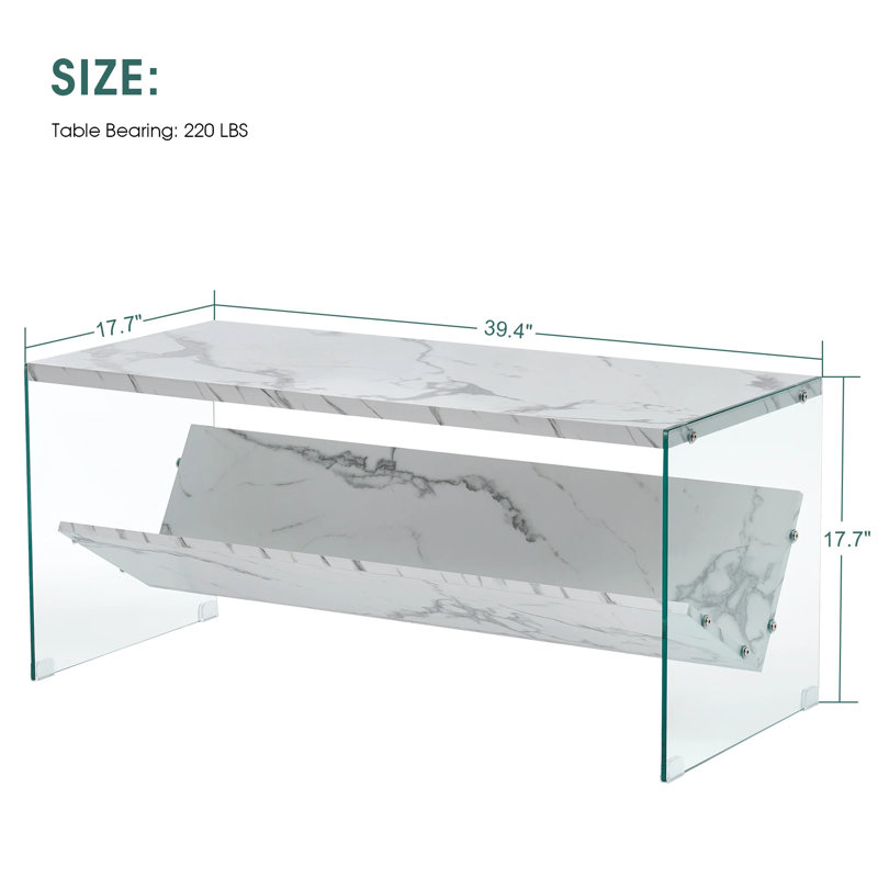 Rectangle Coffee Table with Tempered Glass Legs, Mid-Century Modern Coffee Table with Storage, White