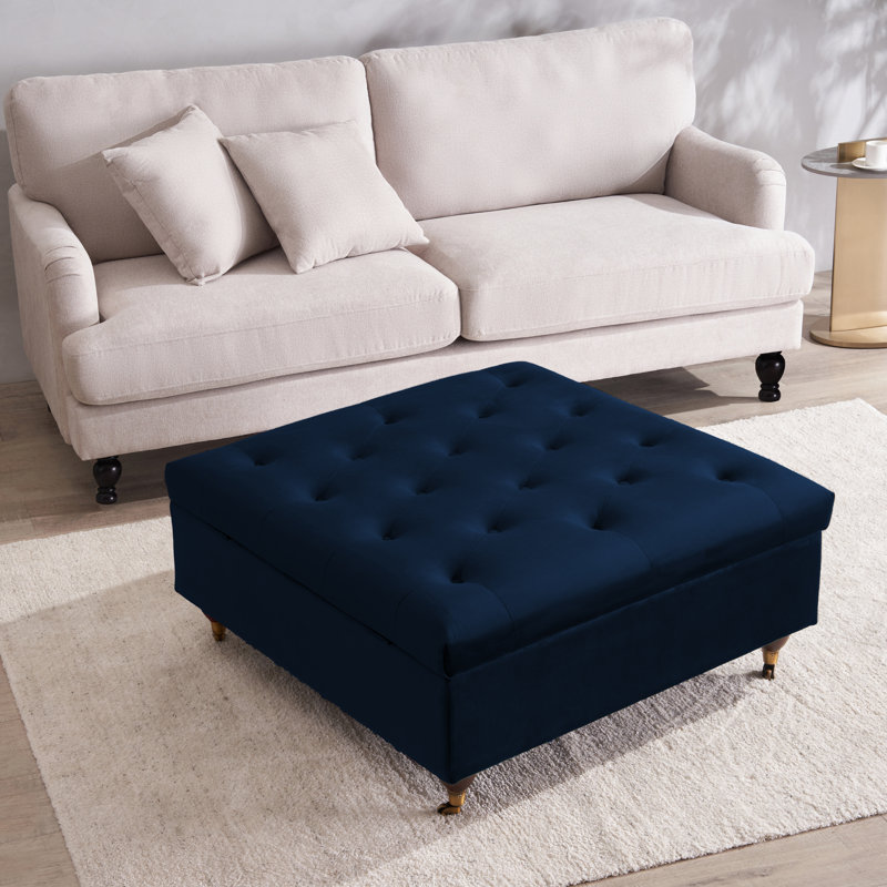 Agoura 93cm Wide Velvet Tufted Square Ottoman with Storage, Blue