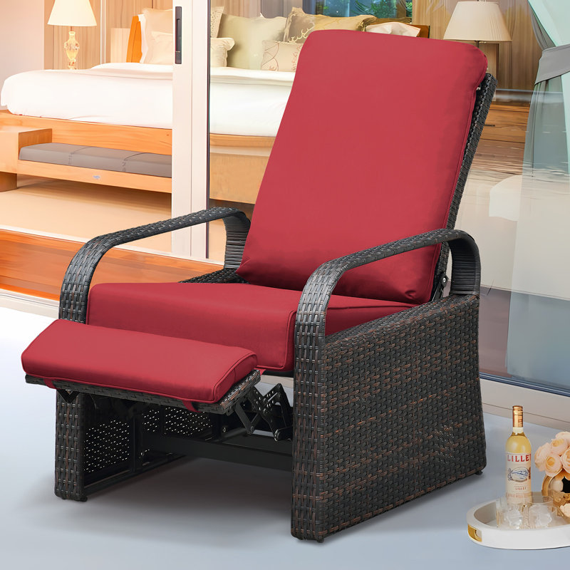 Chaise longue d'extérieur inclinable en aluminium et en osier PE avec coussin pour l'extérieur, Rouge, Noir, noir, noir, noir