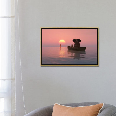 «Elephant and Dog Are Floating in a Boat at Sunset» par Mike Kyivi, reproduction d'impression