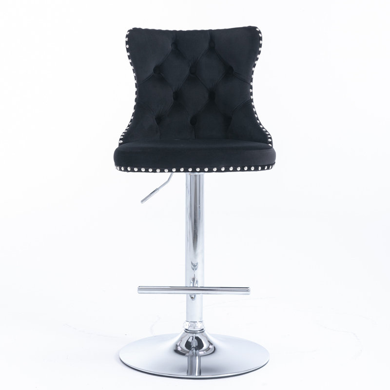 Swivel Velvet Barstools with Adjusatble Seat Height, Black, Silver