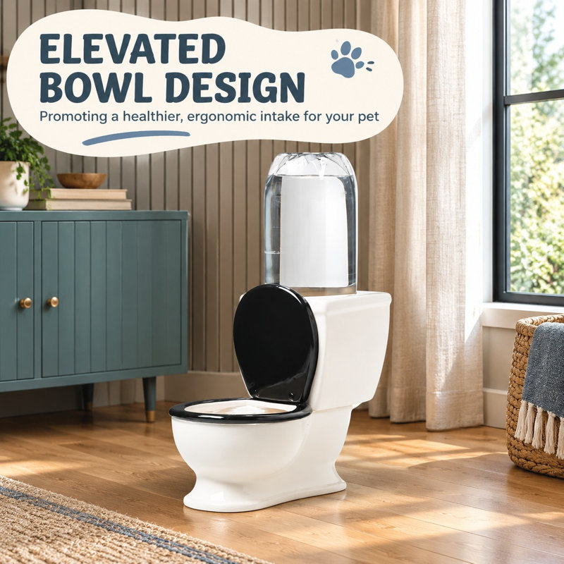Gamelle d'eau en céramique en forme de toilette pour chiens et chats, conçue pour contenir une bouteille de 2 litres.