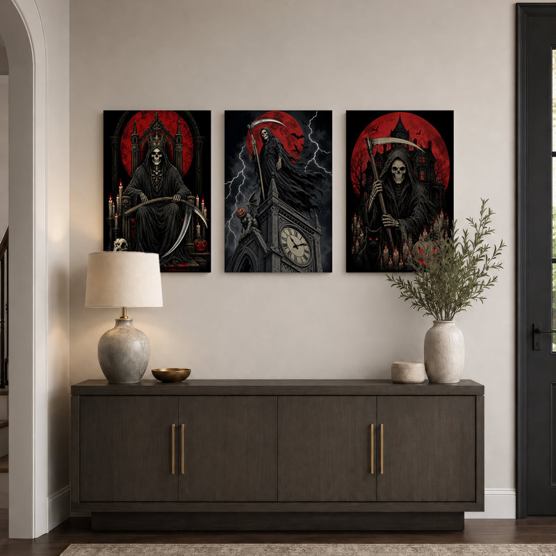Triptyque de la Faucheuse avec lune rouge et Halloween, ensemble de 3 toiles murales, 18"H x 12"W x 3pcs