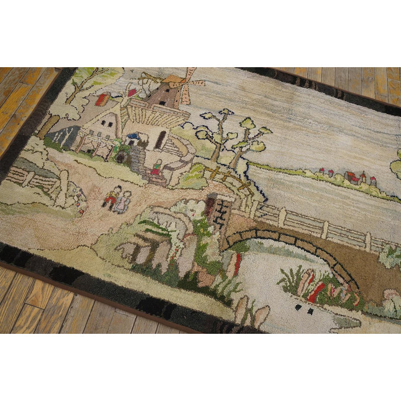 1940s Multi Scene Pictorial Folk Art American Hooked Rug 3'2"x5'6" Cotton Carpet