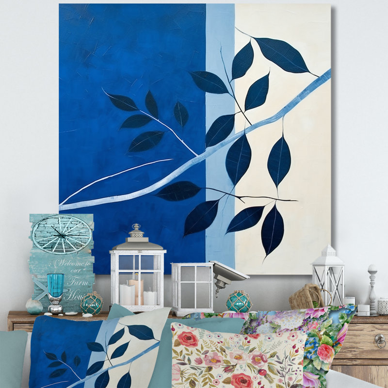 Silhouette de feuilles bleues saphir II, H 24 po x l 24 po x P 1 po, Toile tendue