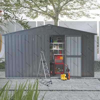 Backyard Storage Shed with Galvanized Steel Frame & Windows, Outdoor Garden Shed Metal Utility Tool Storage Room with Lockable Door for Patio