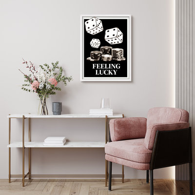 Minimal Dice and Chips Lucky Quote Framed Wall Art Prints - Dice and chips with “Feeling Lucky”, for office or game room