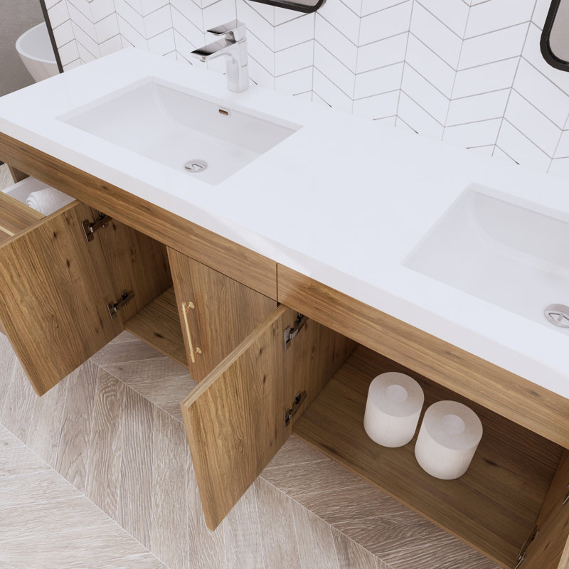 Bensley 70.5" Wall-Mounted Double Bathroom Vanity Set, Natural Oak