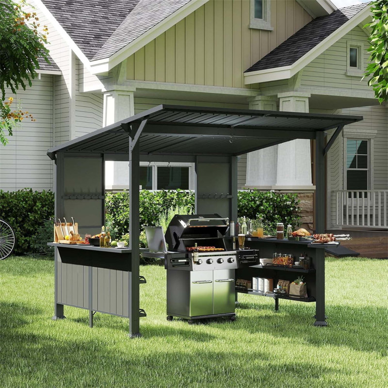 9X10FT Hardtop Grill Gazebo, Lean To Outdoor BBQ Gazebo With Storage Shelves And Expansion Platform, Galvanized Steel Permanent Hard Top Grill Canopy For Patio Backyard Lawn Garden -Grey