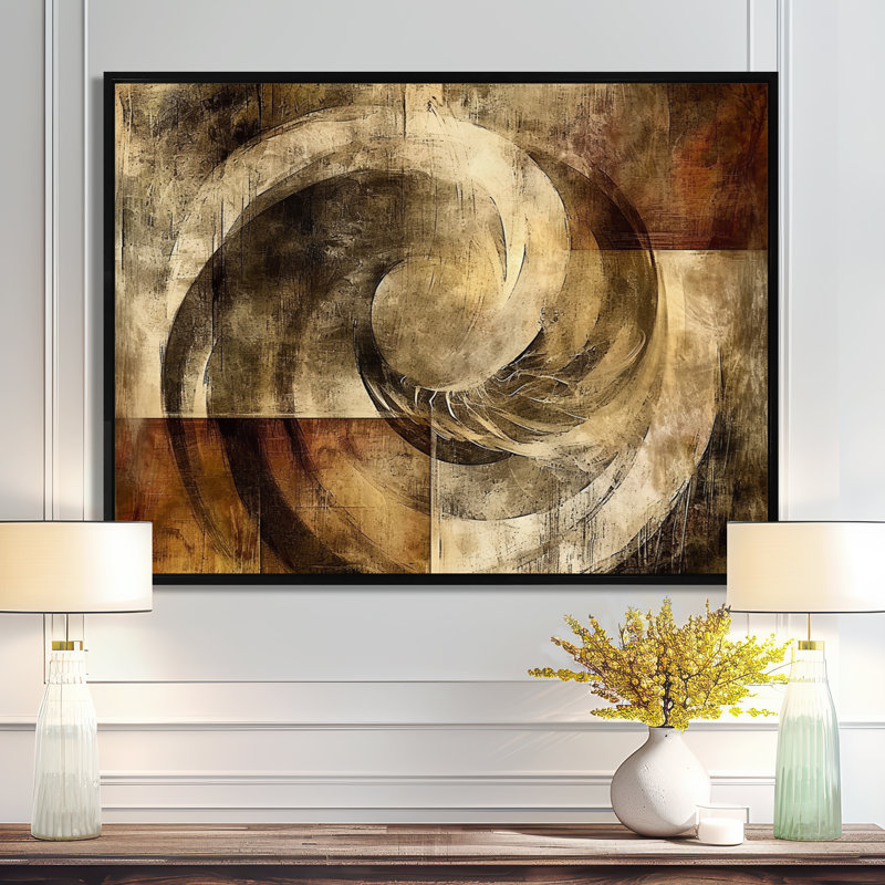 Impression d'art mural rétro rétro cubiste brun doré II - Collages abstraits, Cadre flottant noir, H 24 po x l 32 po