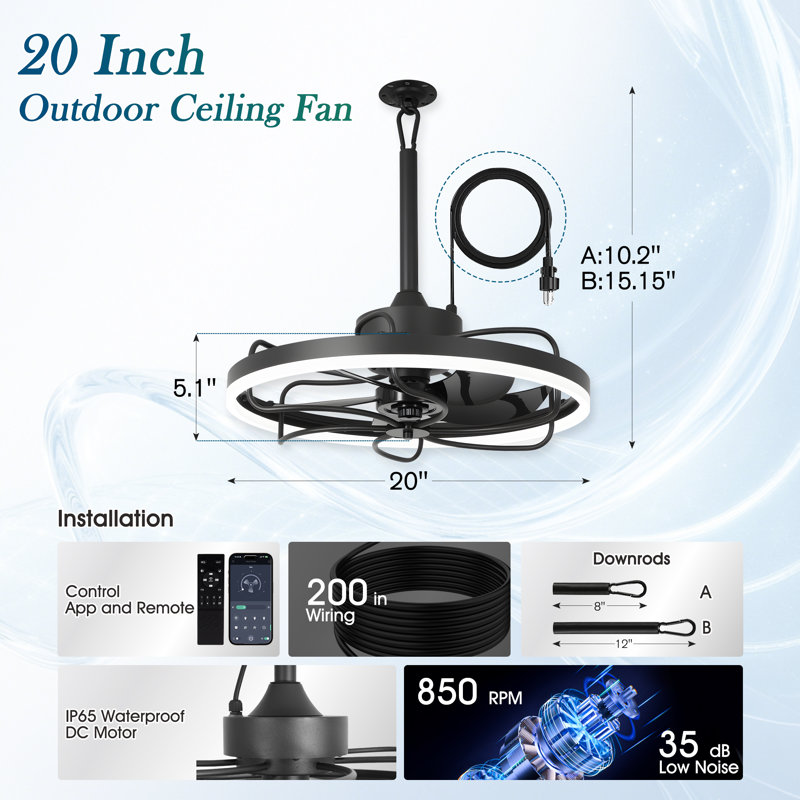 20" Waterproof Outdoor Ceiling Fan, Plug-in Caged Hanging Fan With Remote & App Control, 3cct Dimmable Led, Black