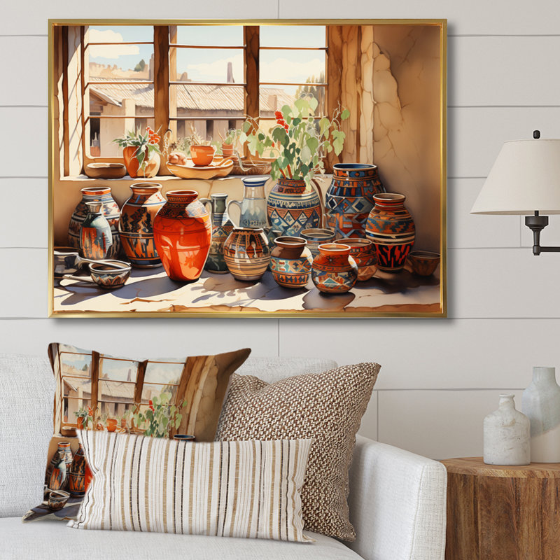 Art amérindien Pueblo Pottery I - Art mural amérindien, H 30 po x l 40 po x P 1,5 po, Cadre flottant doré