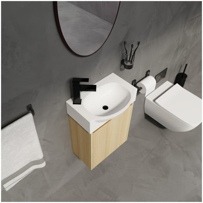 Ensemble de meuble-lavabo de salle de bain 16 po pour petit espace, petit meuble-lavabo moderne avec lavabo en céramique, ensemble d'armoire pour petit lavabo de salle de bain, chêne