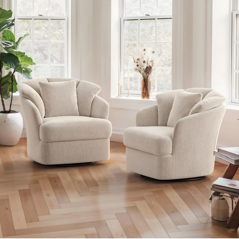 Lillyona Chenille Swivel Barrel Chairs, Light Khaki Chenille