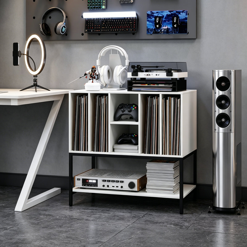 Record Player Stand with Charging Station, Turntable Stand with Storage Shelves Holds 150 Albums, Metal Frame Vinyl Storage for Music Living Room