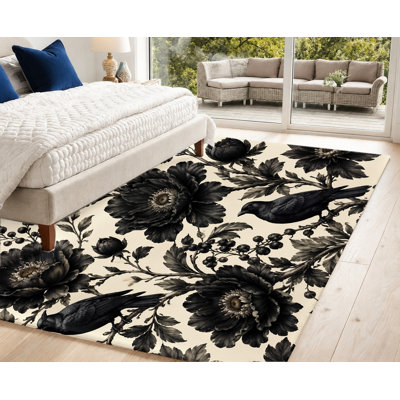 Tapis rétro à motif floral noir, conception artistique esthétique, tapis de sol intérieur antidérapant, décoration artistique pour salon, chambre à coucher, entrée, cuisine, appartement