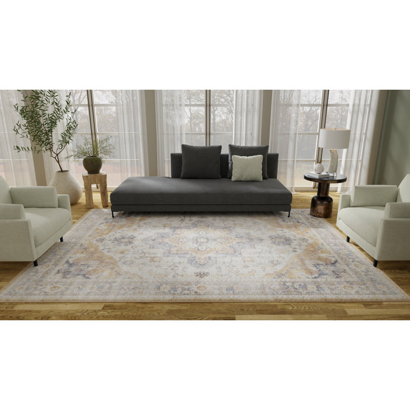Tapis bleu délavé à la machine Whitley, Rectangle 5 pi x 7 pi