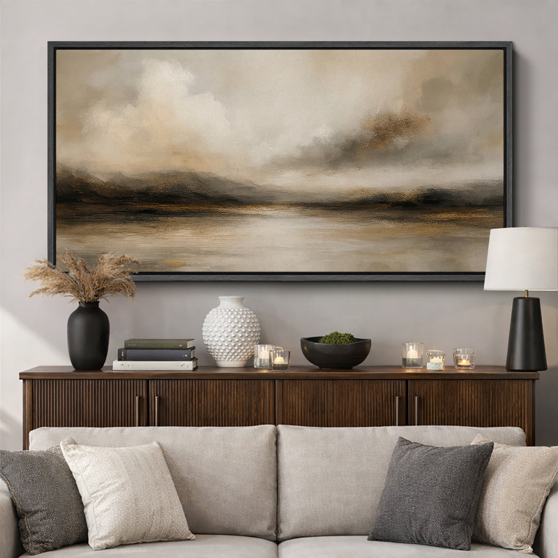 Large Framed Canvas Print Wall Art - Neutral Abstract Landscape Print for Minimalist Modern Wall Decor, 30" H x 60" W, Black